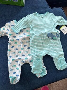 Baby Whale Print & Stripe One-Piece Sleepers - Mint/White